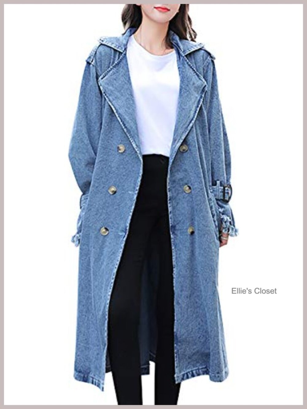 Long Denim Jacket with Belt Button Down Trench Oversized Distressed Jean Coat